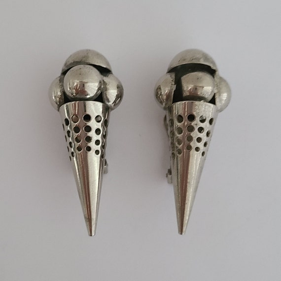 Vintage Clip-on Earrings Ice-Cream Cone Silver-to… - image 1