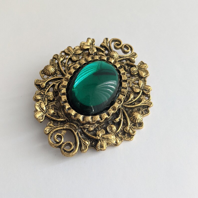 Vintage Brooch Victorian Style Floral Intricate Design Large Emerald Green Glass Cabochon