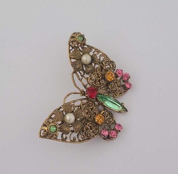 Vintage Butterfly Brooch Antique Goldtone Metal C… - image 2