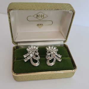 Vintage Mazer Clip-on Earrings Art-Deco Inspired Elegant Design Clear Color Crystals   Rhodium-plated signed Mazer