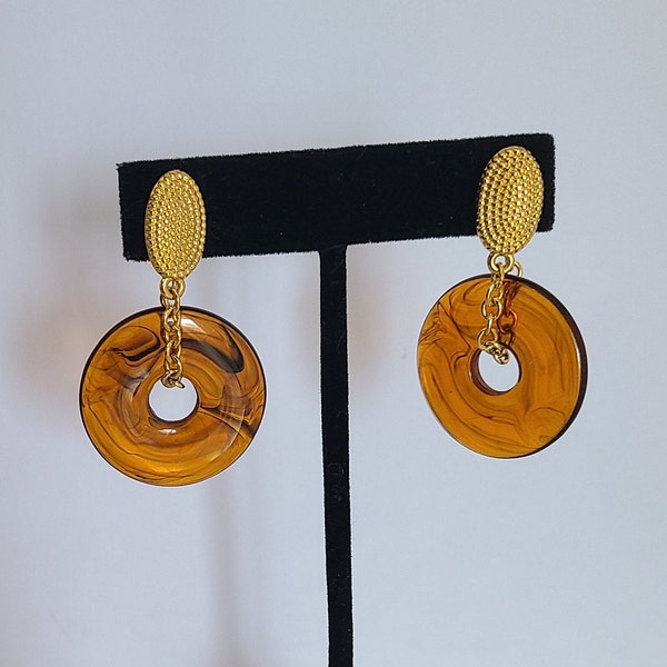 Vintage Drop Earrings Intricate Design on Goldtone Metal and Lucite Hoop on a Chain signed PD with a Crown (Premier Designs)