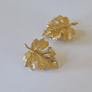 Vintage BSK Clipon Earrings Textured Leaf Design in Goldtone Metal signed BSK