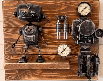 Arte de pared de robot rústico / Robot steampunk / Robot espacial / Robot rústico / Robot caprichoso / Decoración rústica / Robot de arcilla polimérica