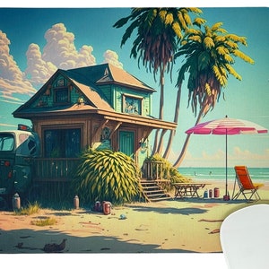 Peut inclure: Tapis de souris rectangulaire avec une scène de plage : maison turquoise, palmiers, parasol rayé rose et blanc. Un véhicule vert foncé est garé près de la maison. Le fond montre un ciel bleu avec des nuages blancs et la mer.