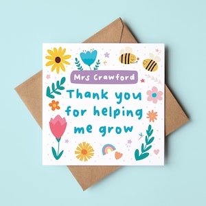 Personalised Nursery Teacher Card, Thank You For Helping Me Grow, Childminder Card, Pre School Teacher, Teacher Appreciation Gift