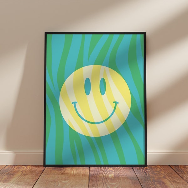 Smiley Face Print, Colourful Bright Wall Art, Rave Print,  Acid Smiley, Happy Positivity Print,