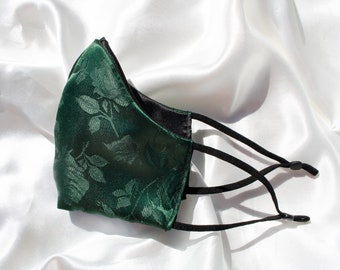 Emerald Rose Satin Face Mask with Adjustable Ear Loops | Double-Sided Satin | Jacquard Satin | Reversible | Triple-Layered | Breathable