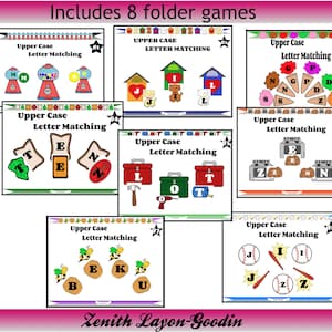 以下が含まれることがあります： 大文字のマッチングのための8つの教育用フォルダーゲームのコレクション。 各ゲームは、ガムボールマシンやツールなど、オブジェクトと文字のカラフルなイラストを特徴としています。 テキスト「Includes 8 folder games」が上部にあります。