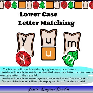 以下が含まれることがあります： 「小文字のマッチング」という言葉が入った教育用グラフィック。画像には、文字「y」、「u」、「m」が遊び心のあるデザインで表示され、それぞれトマト、正方形、葉の画像が対応しています。テキストには学習目標も記載されています。
