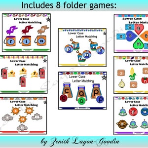 May include: A collection of eight educational folder games for children. Each game features colorful illustrations and focuses on lower case letter matching. The image includes the text "Includes 8 folder games" and "by Zenith Layon-Goodin".
