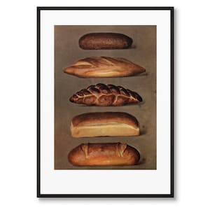 Może przedstawiać: Winietkowa ilustracja pięciu różnych rodzajów chleba, w tym bagietki, chleba plecionego i chleba okrągłego. Chleb jest przedstawiony w realistycznym stylu z detalicznymi fakturami i kolorami.