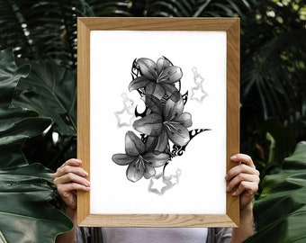 Hibiscus flower Poster, Tropical Floral Art, Floral Tattoo style Poster, Flower Wall Decor, Minimalist black and white Instant Download