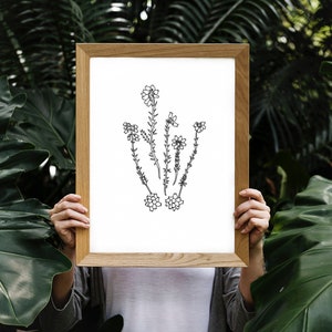 Botanical Plant Print, Erica Tetralix Poster, Simple flowers Art, Cross leaved Heath, Minimalist black and white Instant Download