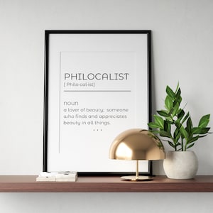 Philocalist Definition Digital Print, Beauty Dictionary Printable, Word Minimal Poster, Typography black and white Download, Office Decor