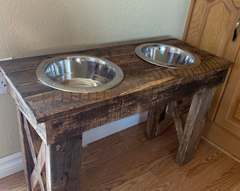 Rustic Dog Feeding Stand, Station with Bowls