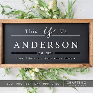 This is Us Family Name Sign SVG Farmhouse Sign SVG Personalized Established Signs Rustic Home Quote Stencils Custom Gift Laser Cut image 1