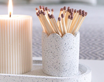 Scalloped Edge Match Striker Pot in Speckled White Granite Terrazzo | Matchstick Holder | Candle Accessories | Long Match Holder