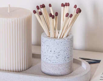 Match Pot with Striker Pad in Speckled Two Tone Stone Finish | Round Matchstick Holder | Candle Accessories | Long Match Holder