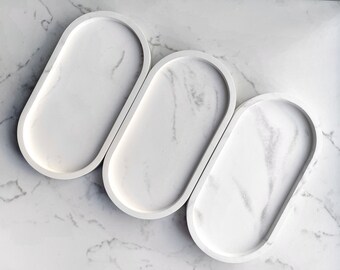 IMPERFECT Concrete Oval Decorative Tray in White Marble Effect | Water Resistant | Trinket Dish | Candle Tray | Soap Bottle Tray