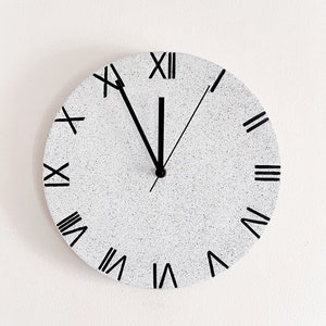 Roman Numeral Round Wall Clock in White Granite Terrazzo | Modern Minimalist Decor | Silent Non-Ticking Clock | Large Clock with Black Hands