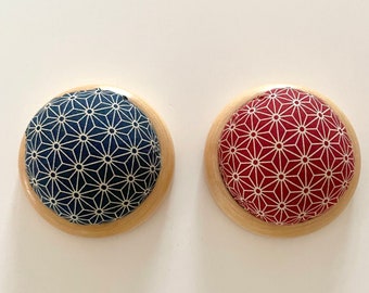 Handmade pin cushion, cotton fabric with red/blue Japanese traditional Asanoha（hemp leaf pattern) prints, wooden base