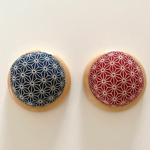 Handmade pin cushion, cotton fabric with red/blue Japanese traditional Asanoha（hemp leaf pattern) prints, wooden base