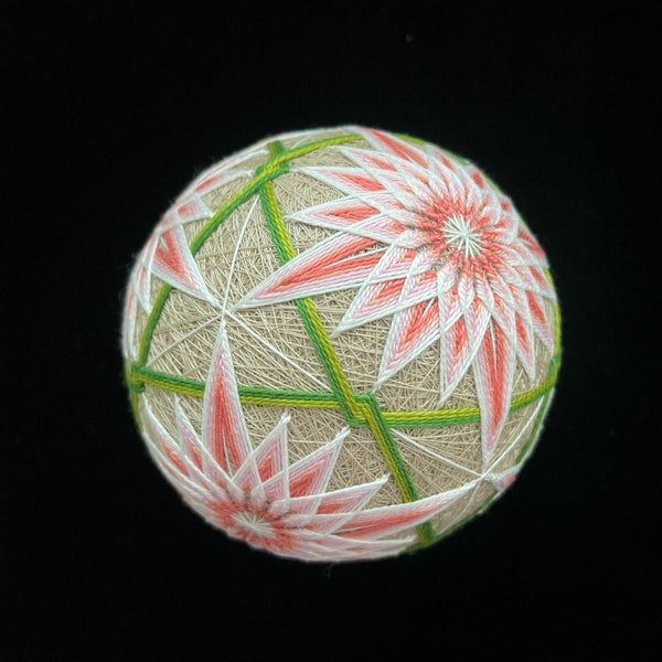 Temari Embroidery Kit "Pink Chrysanthemums” on combination 8 division. Christmas ornament | decoration gifts, Japanese handcraft