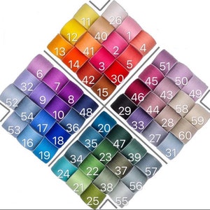 May include: A colour chart with 60 different coloured spools of thread arranged in a diamond shape. The spools are numbered 1 through 60.