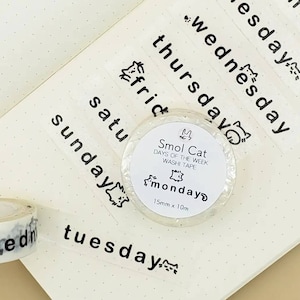 Smol Cat Days of the Week Washi Tape | Minimalist Weekly Daily Washi Tape for Planner, Bullet Journal, Art, Deco