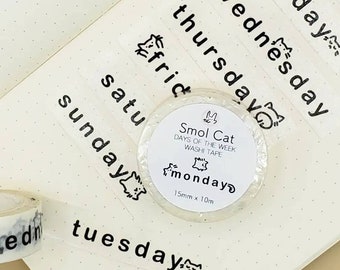 Smol Cat Days of the Week Washi Tape | Minimalist Weekly Daily Washi Tape for Planner, Bullet Journal, Art, Deco