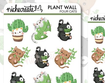 Four Cats Plant Wall Sticker Sheet | Planner Stickers, Journaling, Cat Stickers, Monstera Leaf Vines Potted House Plant Sticker Sheet