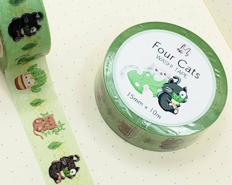 Four Cats Plant Washi Tape | Monstera Leaf House Plants Washi Tape for Planner, Bullet Journal, Art, Deco | Gift for Plant Lovers