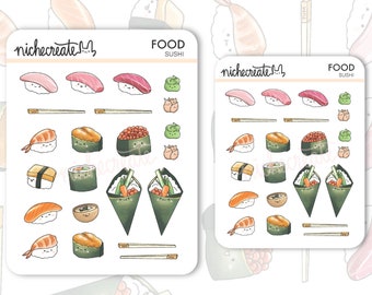 | de feuille d’autocollants de sushi Planner Stickers, nourriture japonaise avec des visages
