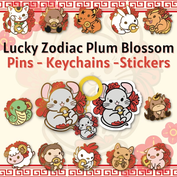 Lucky Plum Blossom Zodiac Animals Hard Enamel Pins, Keychains, Stickers | Chinese Zodiac Lunar New Year Asian Wedding Baby Shower Gift