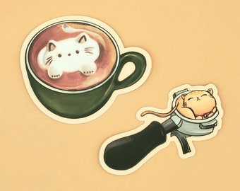 Autocollants en vinyle Cat Café | Cat Latte Art et Sleepy Portafilter Cat