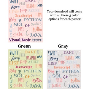 Puede incluir: Tres carteles con una lista de lenguajes de programaci&oacute;n en diferentes colores. Los carteles son rosa, verde y gris. El texto en los carteles dice: "Rosa", "Verde" y "Gris". El texto en los carteles est&aacute; en una variedad de colores y fuentes. El texto en los carteles est&aacute; en un formato de nube de palabras. El texto en los carteles dice: "Swift", "Perl", "Dart", "jQuery", "Haskell", "x86", "Lisp", "PHP", "Azure", "JavaScript", "HTML", "Ruby", "CSS", "Python", "SQL", "C#", "Objective C", "Bash", "Kotlin", "Scala", "C", "Java", "Visual Basic" y "TypeScript".