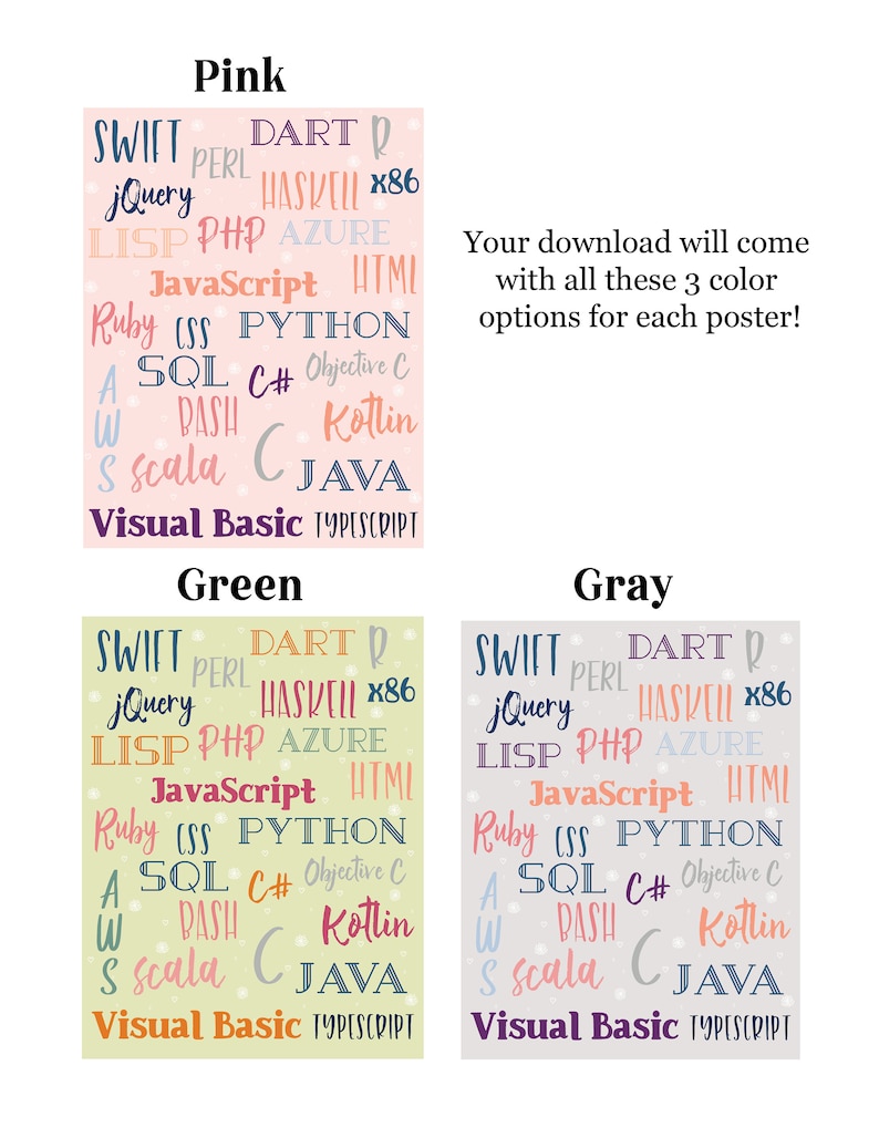 Puede incluir: Tres carteles con una lista de lenguajes de programaci&oacute;n en diferentes colores. Los carteles son rosa, verde y gris. El texto en los carteles dice: "Rosa", "Verde" y "Gris". El texto en los carteles est&aacute; en una variedad de colores y fuentes. El texto en los carteles est&aacute; en un formato de nube de palabras. El texto en los carteles dice: "Swift", "Perl", "Dart", "jQuery", "Haskell", "x86", "Lisp", "PHP", "Azure", "JavaScript", "HTML", "Ruby", "CSS", "Python", "SQL", "C#", "Objective C", "Bash", "Kotlin", "Scala", "C", "Java", "Visual Basic" y "TypeScript".