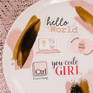May include: A white plate with pink and gold abstract designs. There are five stickers on the plate. The stickers are pink and white with black text. The text on the stickers reads "hello world", "you code girl", "Ctrl Everything", and "Full Stack" with a Venn diagram showing "Backend" and "Frontend". There is also a sticker of a laptop with a flower on the screen.