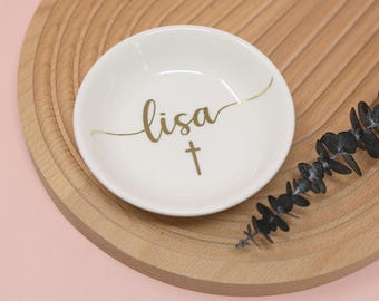 Gepersonaliseerde kruissieradenschaal, aangepaste keramische ringhouder, doopcadeau