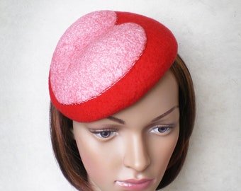 Red Wedding Hat with Pale Pink Heart, French Fashion Beret Fascinator, Felt Cocktail Hat, Valentines Heart Fascinator, Race Hat, Pillbox Hat