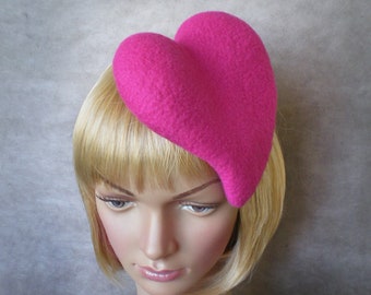 Pink Heart Fascinator Wedding Headpiece, Valentine Heart, Festival Headpiece, Wool Felt Ladies Fascinators Made in France