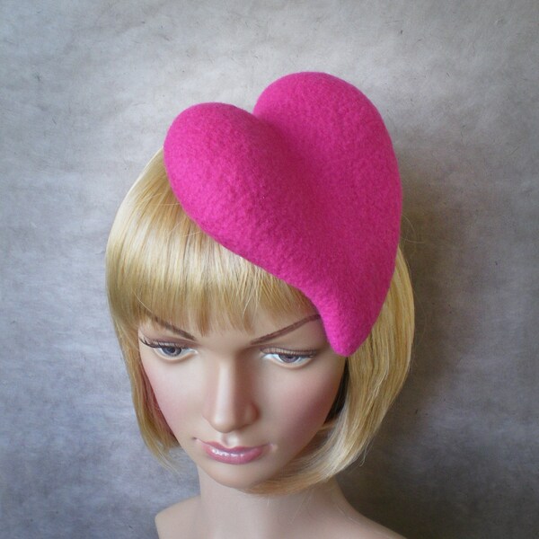 Pink Heart Fascinator, Valentine Heart, Wool Felt Wedding Headpiece, Made in France