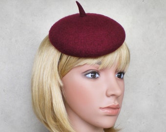 Felt Burgundy Mini Beret Cocktail Hat, Tea Party Fascinator Hat, French Beret Fascinator, Other Colors Available to Order