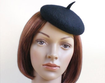 Plain Black Cocktail Hat, Tea Party Hat, Wool Fascinator Elegant Retro French Beret Fascinator, Black Mini Beret, Other Colors Made to Order