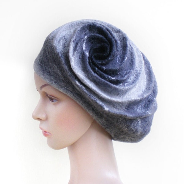 Chapeau de femme élégant béret gris en laine feutrée fait main, chapeau stylé pour l'hiver