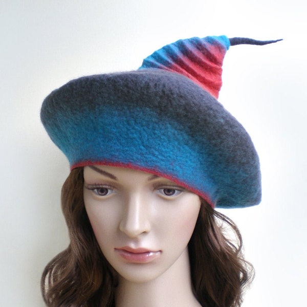 Béret femme en feutre de laine, chapeau original gris, bleu, rouge, chapeau de créateur, FAIT SUR COMMANDE