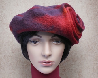 Red Winter Hat for Ladies, Handmade Felted Beret Hat, Aubergine Red Orange Fall Winter Hat, Designers Hat, French Beret Made in France