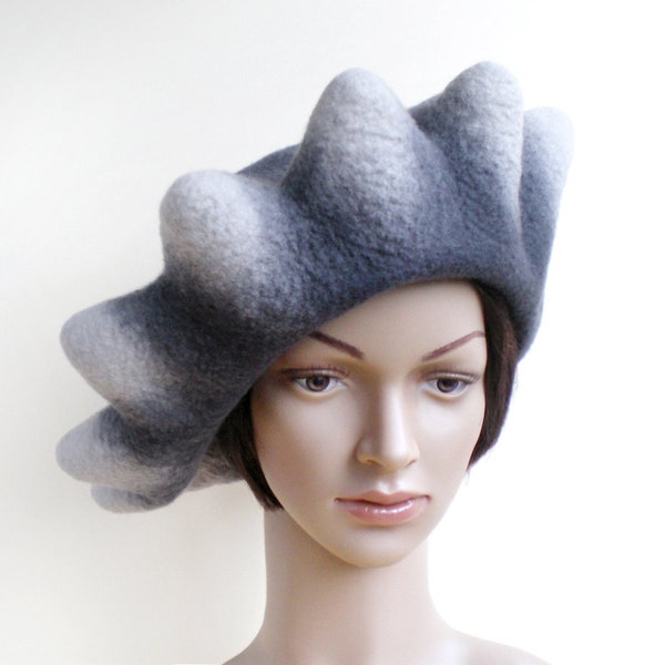 Chapeau bonnet oversize nuances de gris en laine feutrée fait main pour femmes, chapeau de créateur unique