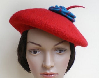 Unusual Striking Red Beret with Blue Flower, Felted Winter Hat for Women, Handmade French Beret, Stylish Hat, Custom Colors Made to Order