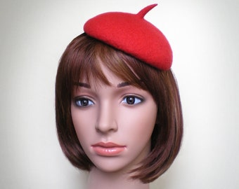 Striking Red Fascinator Mini Beret, Cocktail Hat, Wedding Hat, Tea Party Hat, French Beret Fascinator, Other Colors Available to Order